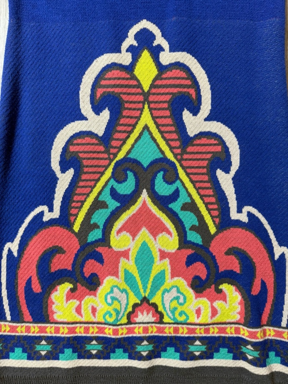 Boho Sweater Mini Dress Royal Blue Baroque Tapestry Intarsia Knit Festival Small - Picture 6 of 9